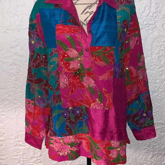 🦋OOAK Rainbow Patchwork Silk Embellished Tunic Top - Picture 3 of 16